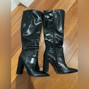 Black Croc-Embossed Knee-High Boots